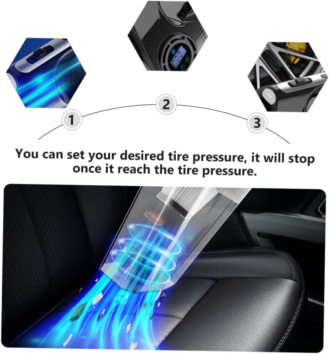 PRETYZOOM 120W 12V Portable Car Vacuum Cleaner Air Pump Multi-Function Tire Inflator Digital Display LED Light for Automotive Cleaning and Tire Inflation