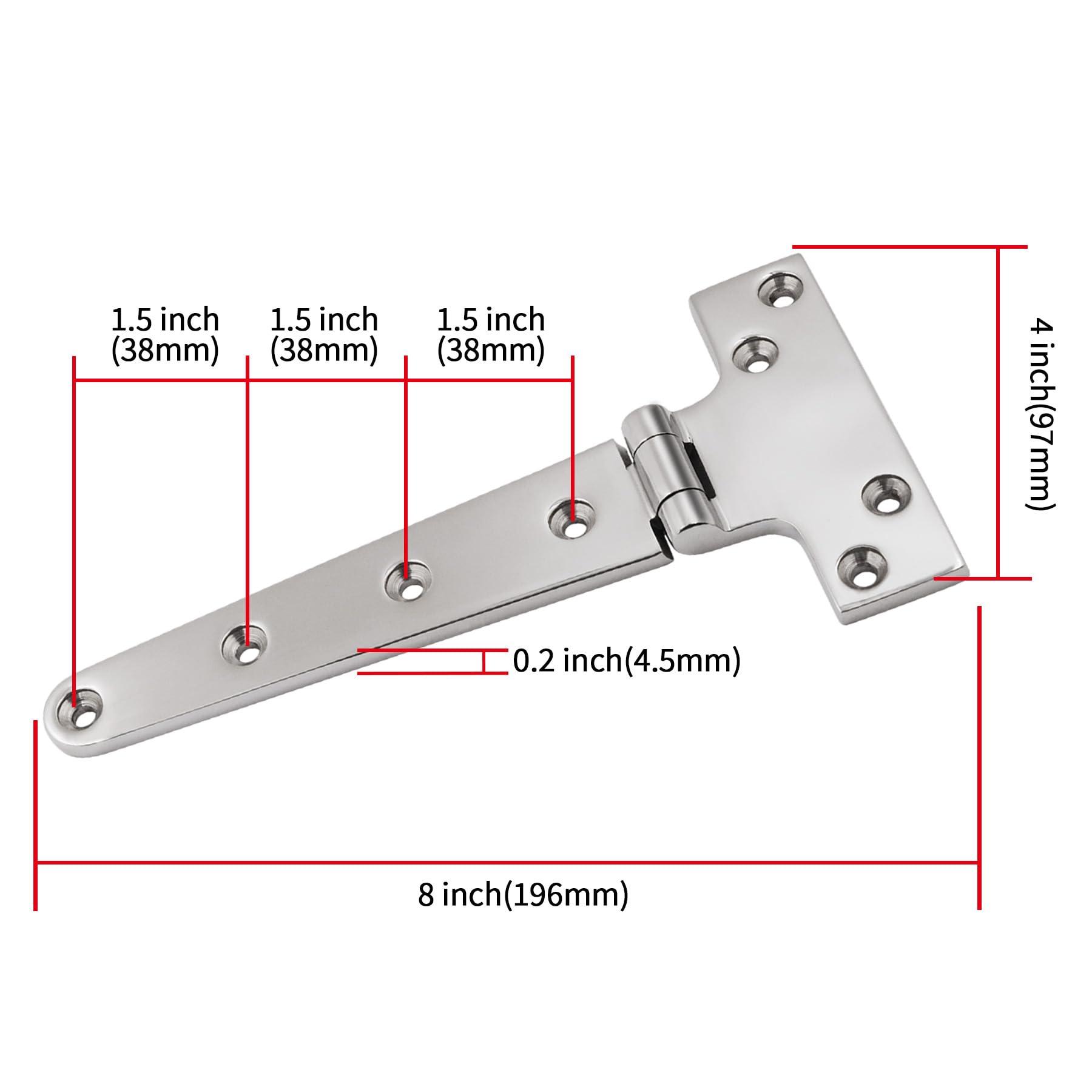 T-Scharniere aus 316 Edelstahl, Marinequalität, 20,3 x 10,2 cm, robustes Scharnier für Bootsluke (196 mm x 97 mm), 2 Stück, Guss-Schrankbeschläge, Türscharnier mit Schrauben