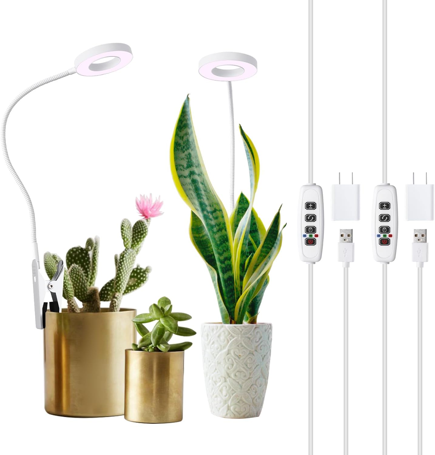 White LED Halo Ring Pot Clip Plant Grow Light for Indoor Small Plants, Red+Blue+Yellow Full Spectrum Grow Lamp with 360ยฐGooseneck, 3/9/12H Timer & 10 Dimmable Levels, Adapters, Angel Ring 2 Pack