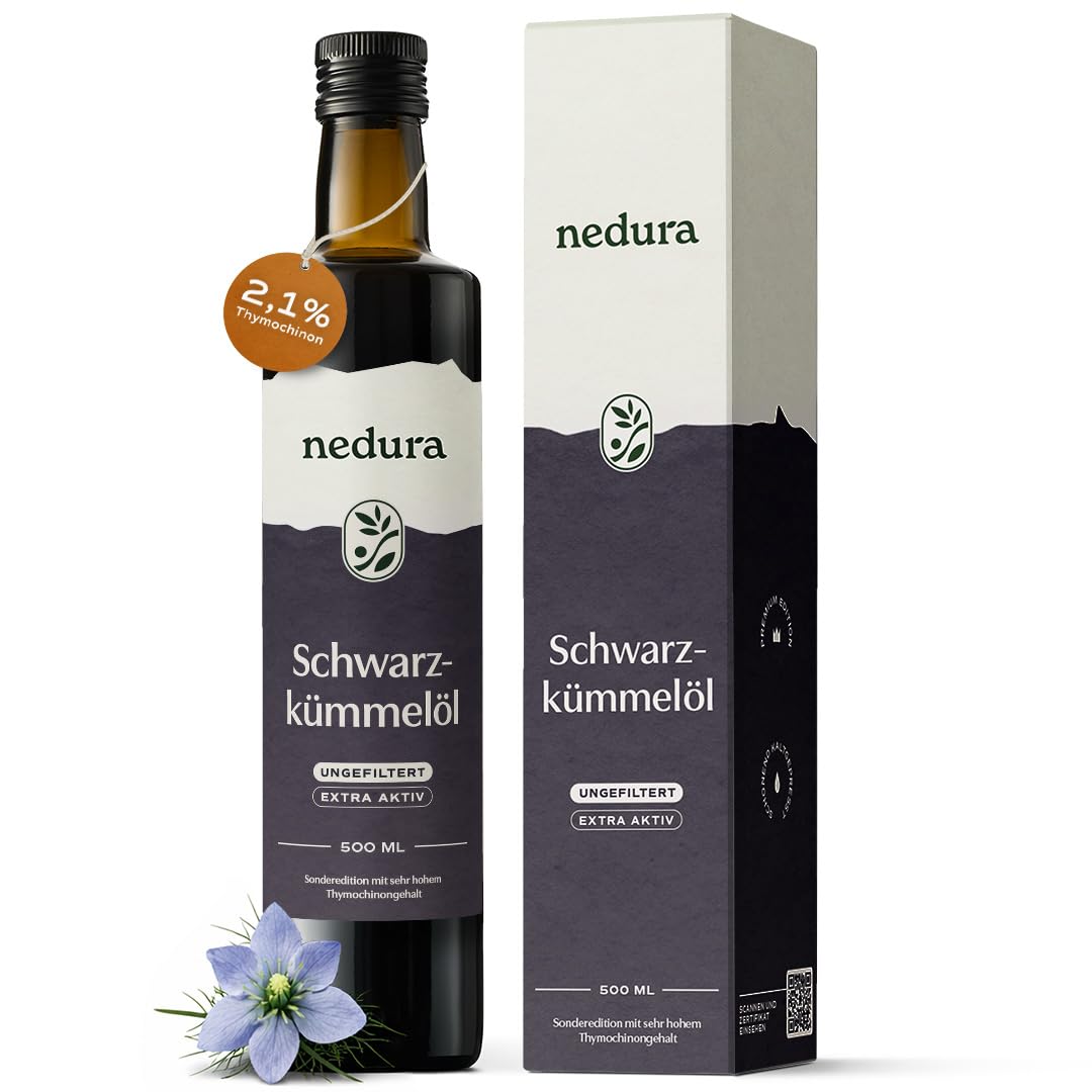nedura® Schwarzkümmelöl extra aktiv (ungefiltert) 500ml – Extra hoher Thymochinongehalt, 100% rein - frisch und scharf - In Deutschland kaltgepresst aus äthiopischem Schwarzkümmel