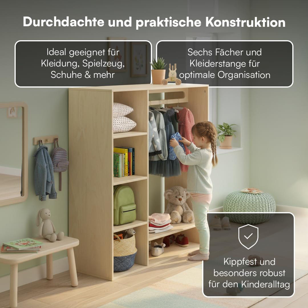 Bellabino Tea Kindergarderobe – Kleiderständer mit 6 Ablageflächen & 1 Kleiderstange in Natur – Montessori Kleiderschrank aus Birkenholz unbehandelt – Garderobe für Kinder – Kinderregal 114x40x105 cm
