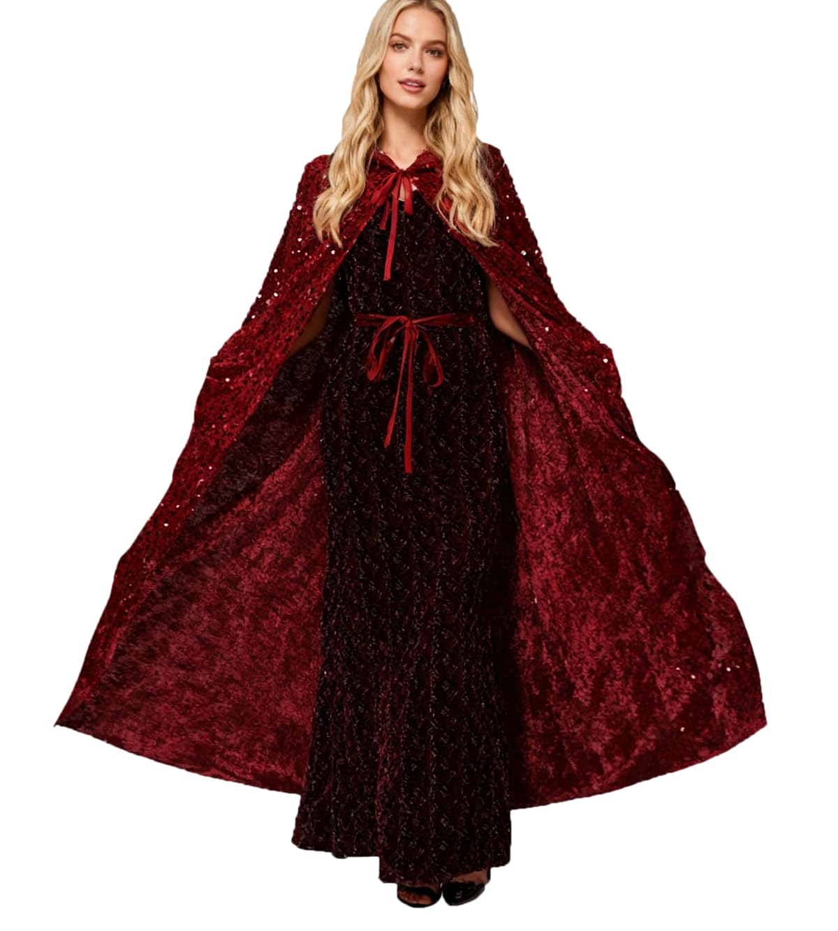 Awlsyj Womens Hooded Cloak Long Velvet Cape Halloween Costumes Robe Masquerade Party Role Cosplay (Sequin Wine Red) โ image 1