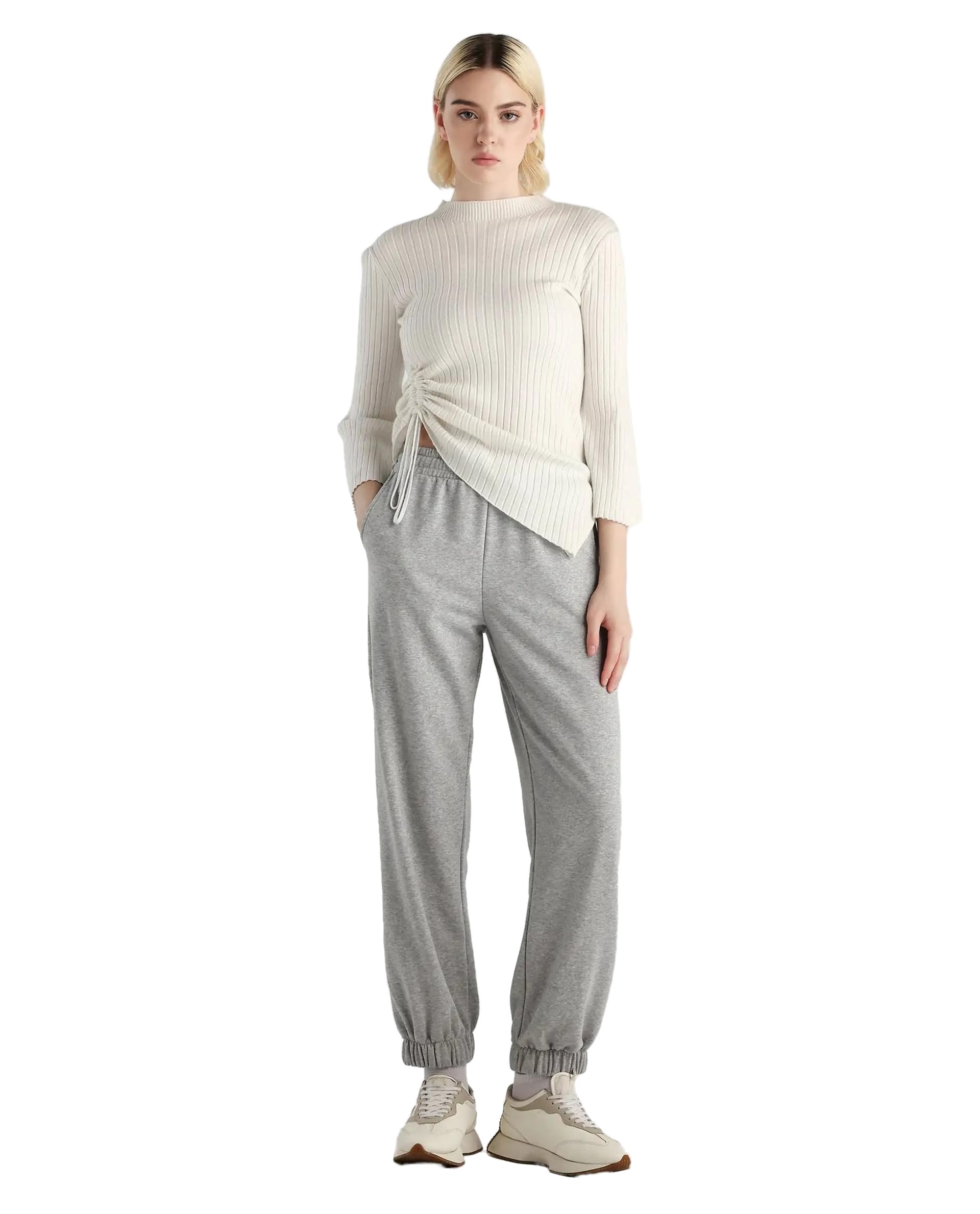 rareism Women Regular Solid Light Grey Cotton Mid Rise Tapered Trackpant-picture-22