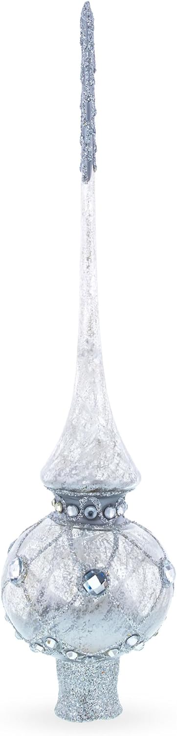 Dimensional White Jewels on Speckled Silver Mouth Blown Glass Christmas Tree Topper 11 Inches
