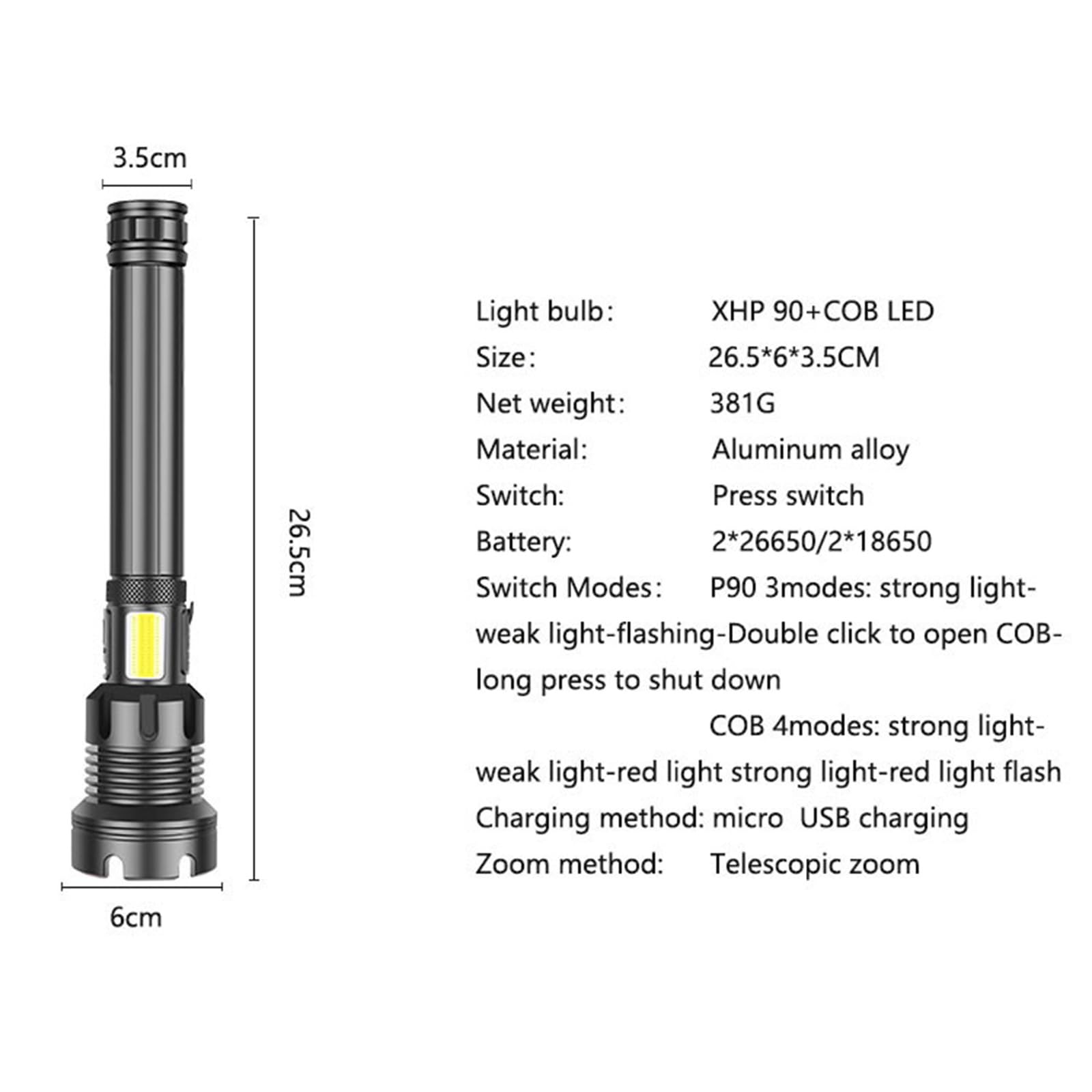 Super Bright Rechargeable LED Flashlight - Portable, Powerful, And Professional Torch for Work - Waterproof, Magnetic, USB Charging - Ideal for Military, Emergency, And Outdoor Use (Size : 2 * 26650)