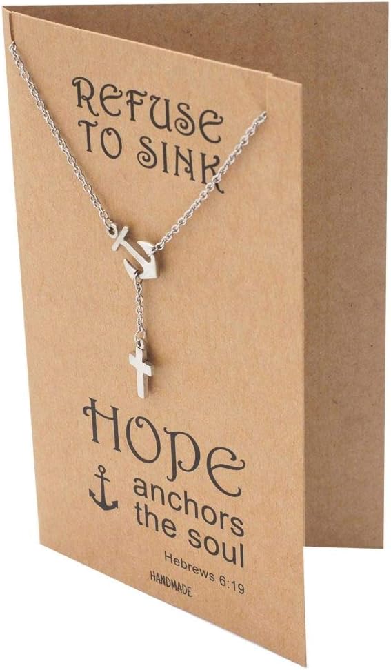 quan jewelry Cross and Anchor Necklace, Religious Gifts Sailor Pendant with Inspirational Quote on Greeting Card, Beach Themed Nautical Jewelry in Silver Tone Adjustable Chain 16" to 18"