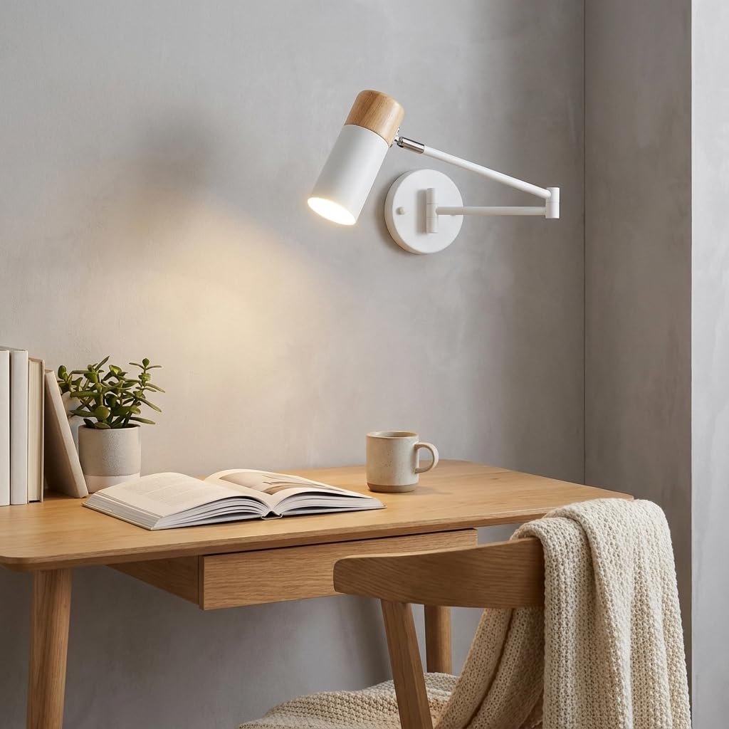 BARCELONA LED Applique Murale Extensible LOGAN Bois et Métal Blanc Style Nordique Moderne Vintage Industriel Bras Articulé Tête Rotative 360° Douille E27 G45 Lampe de Lecture Chambre Salon Intérieur