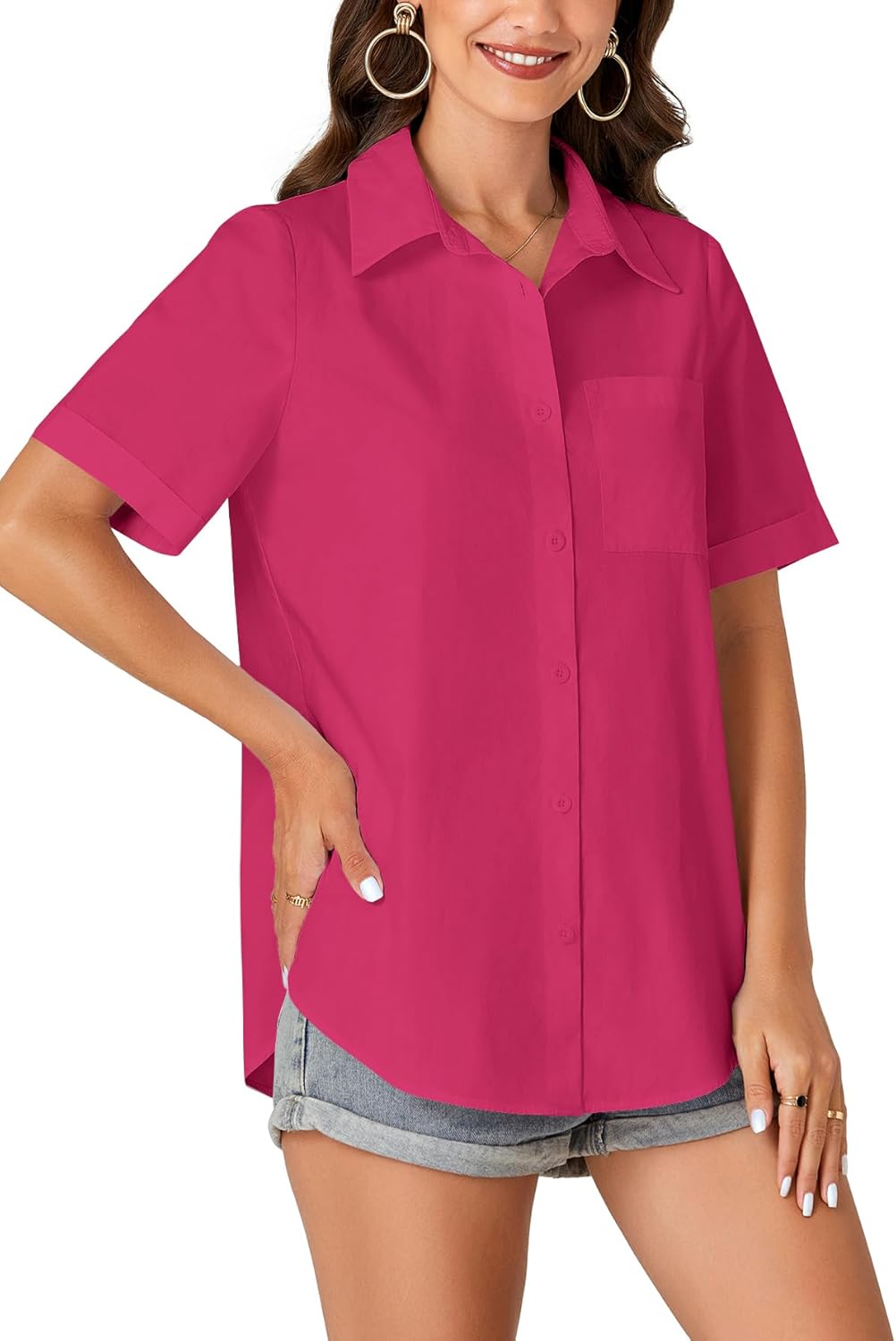 KIFOVEN Women’s Short Sleeve Button Down Shirt Collared Casual Summer Blouse Top with Pocket Rose Pink X-Large - Image 4
