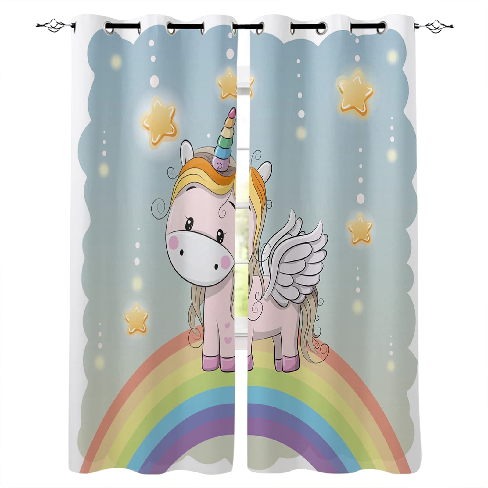 Rideau Occultant Lot De 2 Rideau Licorne Rainbow Star Cute Animal Isolants Thermiques Polyester Rideaux Chambre Et Salon Maison Décoration 170X200Cm (LxH) - Rideaux Imprimés 3D Kids