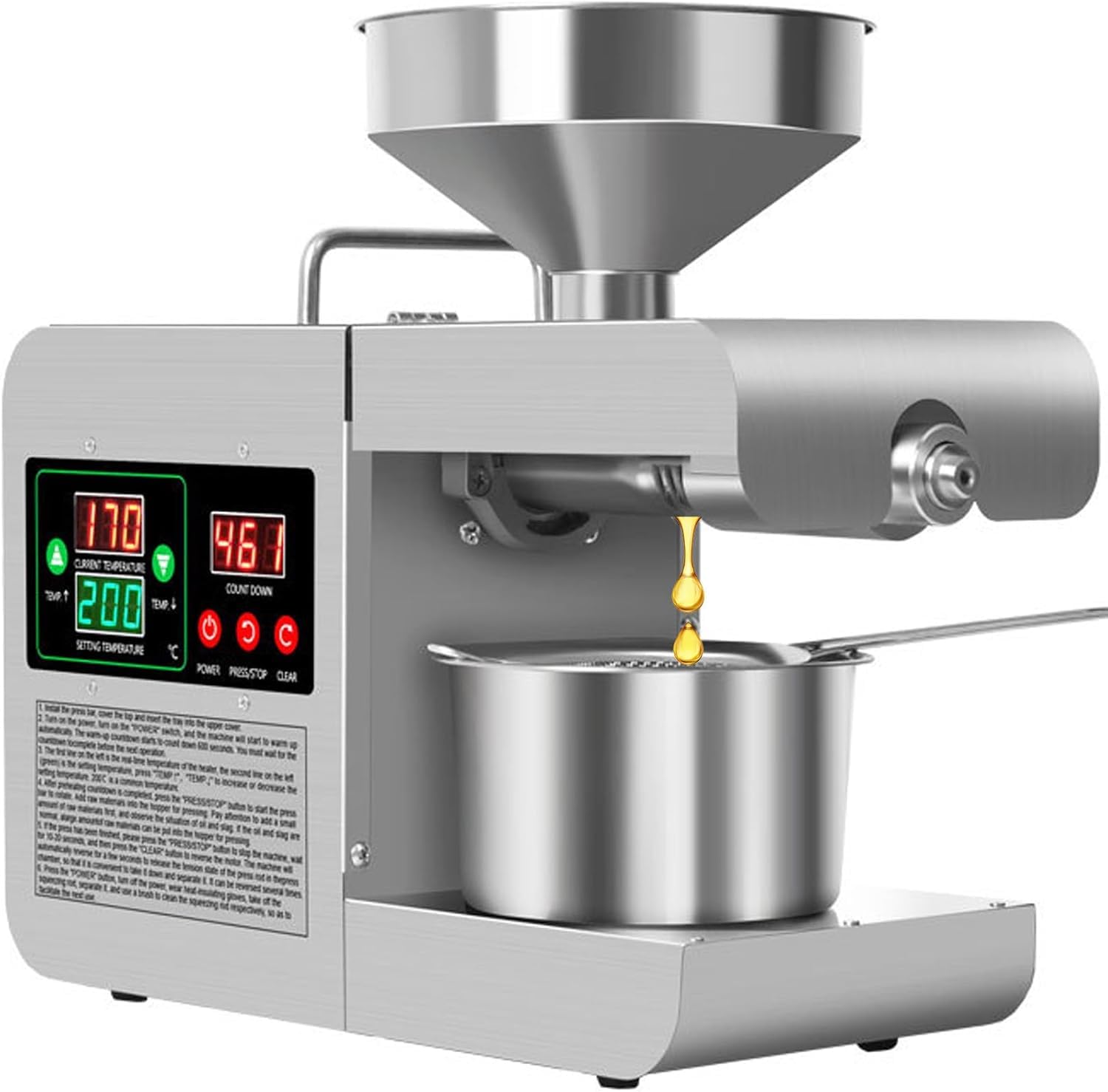 HADECOLL Cold Pressed Oil Machine 600W Domestic Oil Press Machine, Electric Seed Oil Extractor Machine for Peanut Sesame Sunflower Seeds,