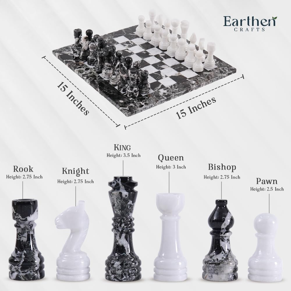 Marble Chess Set 15" Black Zebra & White with Storage Box Chess Board Games for Beginners & Professional Players, Ideal Marble Chess Board Game Set & Chess Pieces for Chess Players