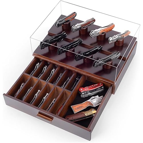 Knife Display Case, Pocket Knife Collection Display Holder, Folding Knife Wooden Showcase Display Organizer Storage with Drawers and Acrylic Cover, Surprise Gift for Men