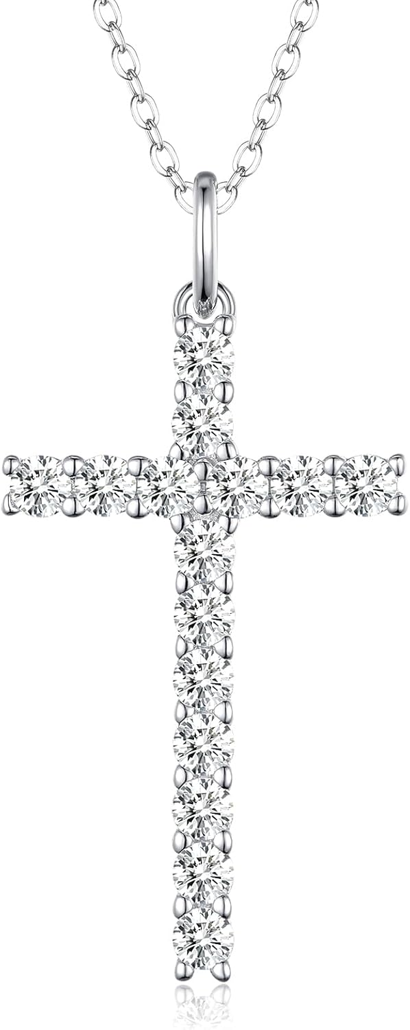 925 Sterling Silver Cross Necklace for Women, 18K Gold Moissanite Diamond Cross Necklace Pendant for Women Girls, 18''+2'' Extender Silver Chain