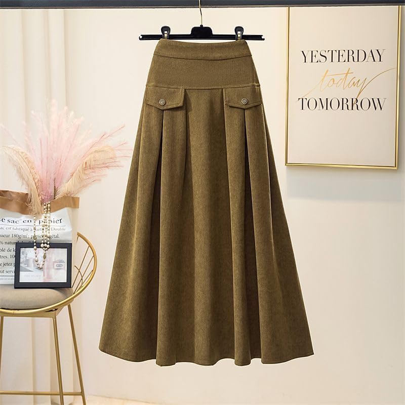 Falda Larga De Pana De Invierno para Mujer, Elástica, De Cintura Alta, Gruesa, Cálida, Informal, Elegante, De Corte A, Plisada, Midi con Bolsillos