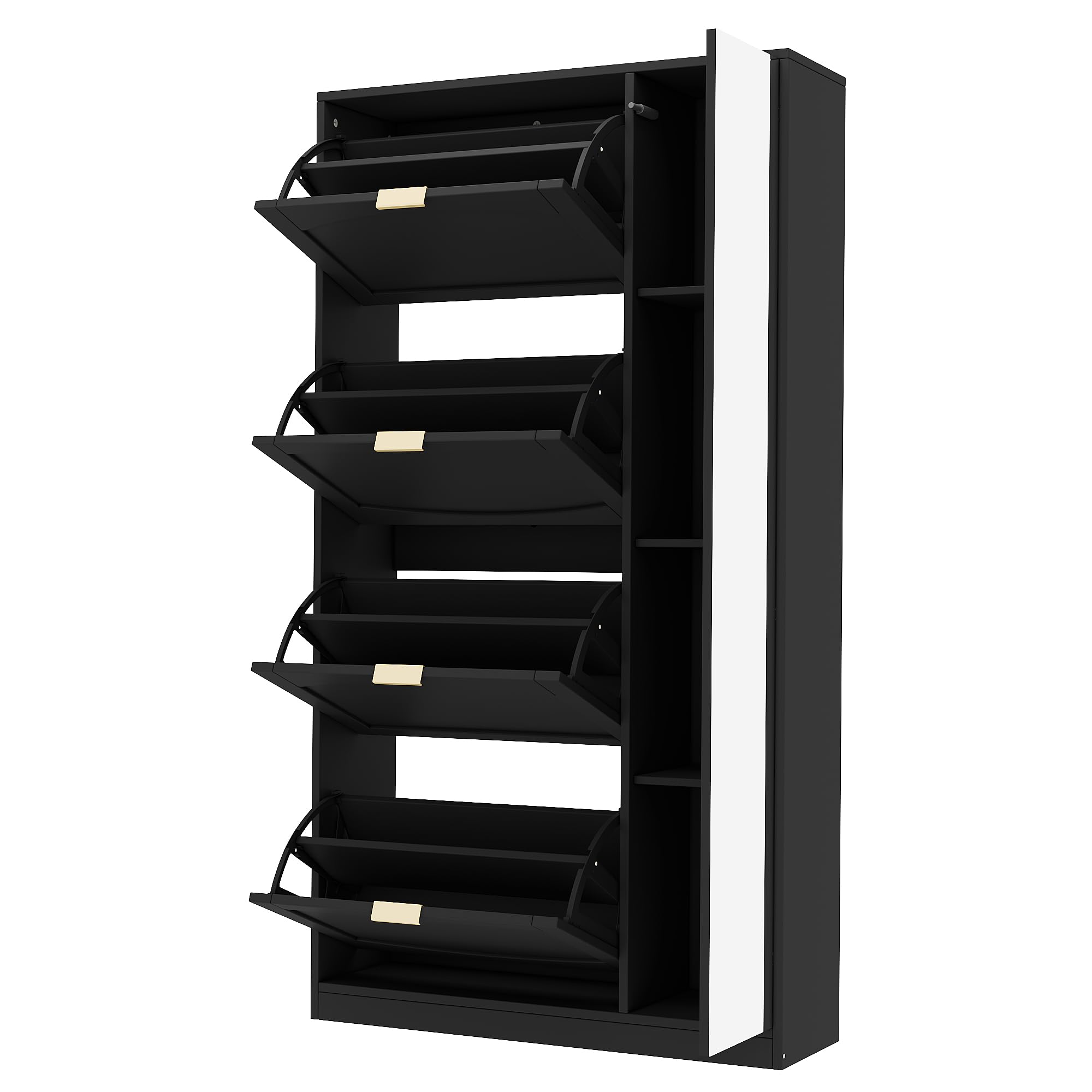 Zapatero moderno con espejo, 4 compartimentos de almacenamiento plegables, estante ajustable detrás del espejo derecho, ideal para el pasillo, tamaño: 80 x 147 x 24 cm, color negro