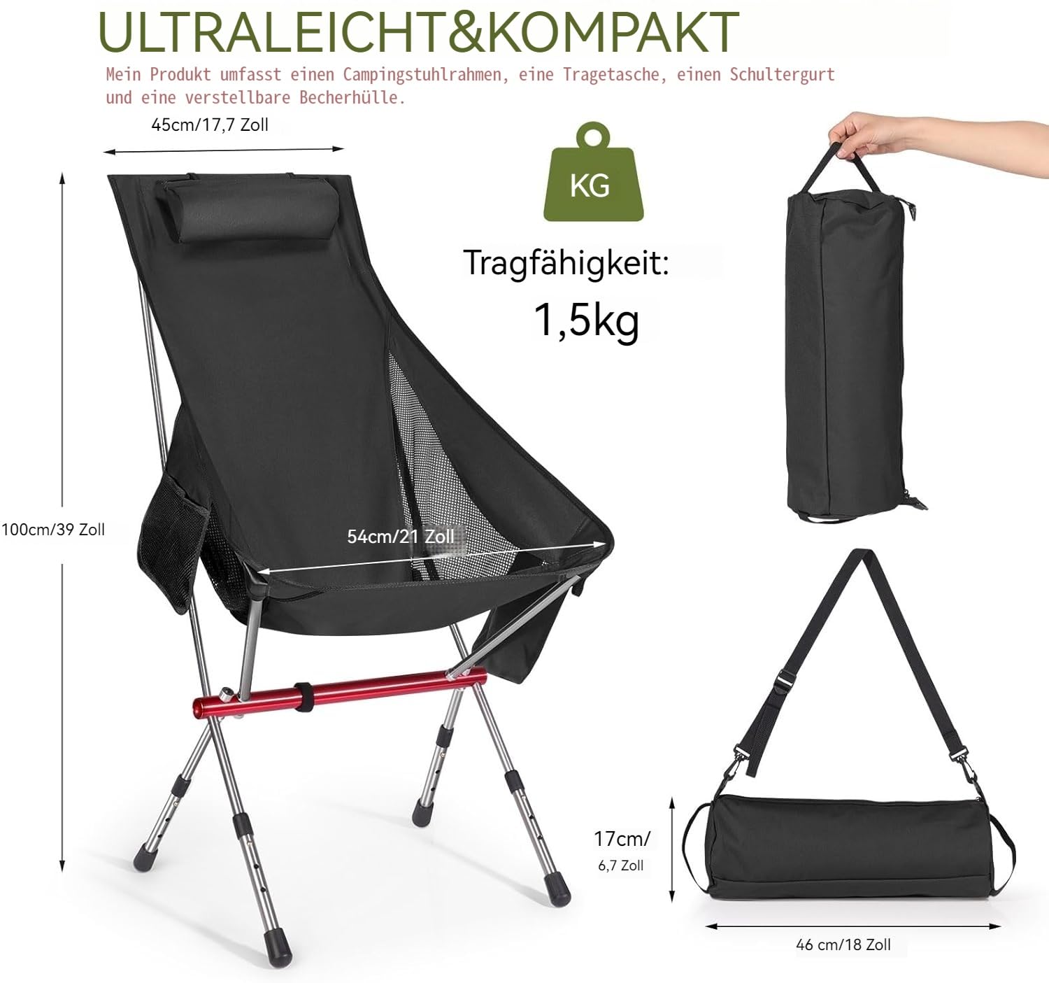 OKYUK Nuova sedia da campeggio pieghevole con schienale alto, tre altezze regolabili, borsa da trasporto leggera e custodia per tazza,Ideale per escursioni, relax in spiaggia e pesca (Nero)