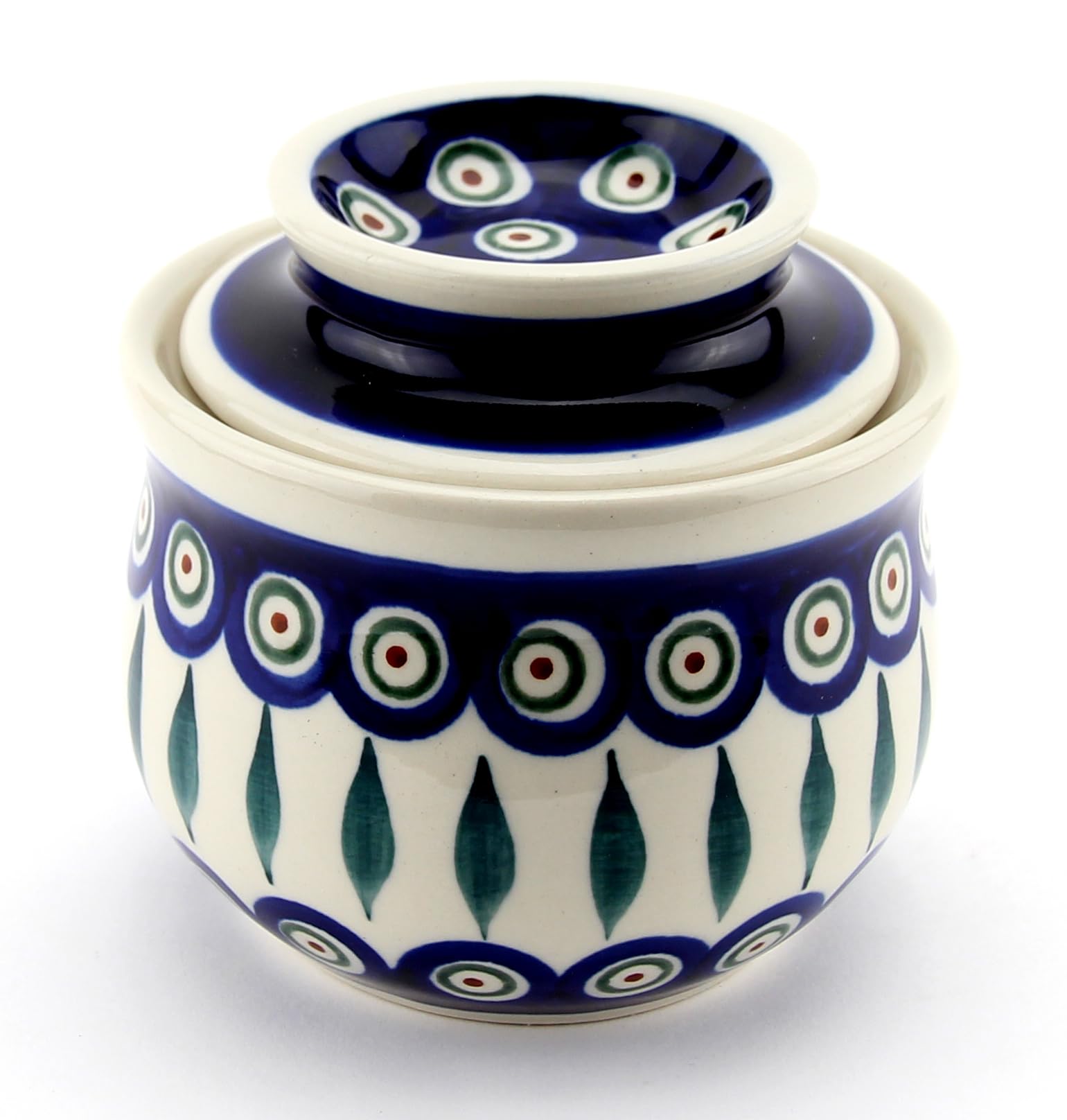 Polish Pottery Market French Butter Dish, Handcrafted Ceramic Butter Keeper by Zaklady Boleslawiec Poland, Butter Crock for Counter, French Butter Keeper with Lid, Peacock Pattern