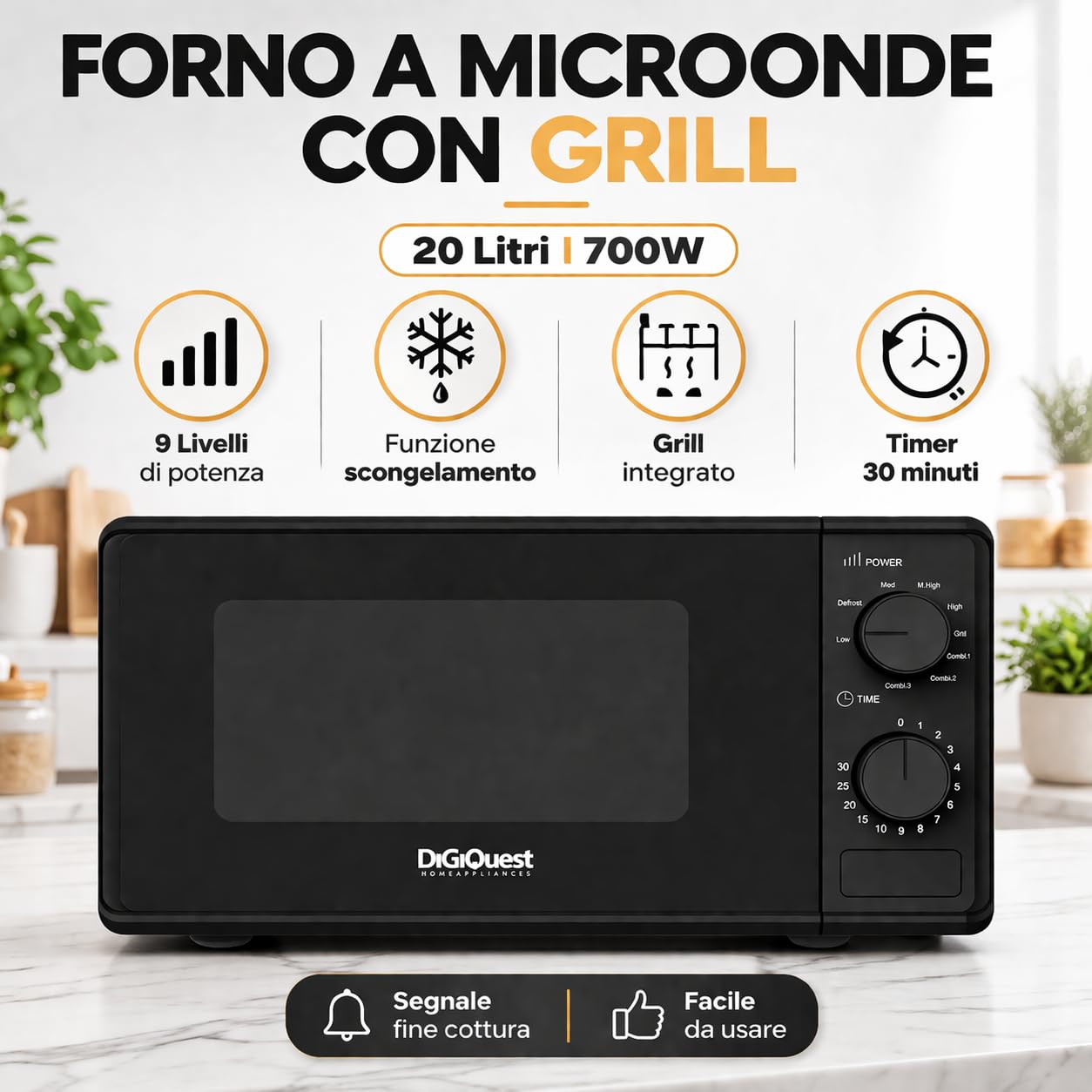 DIGIQUEST GRILLWAVE Forno a Microonde con Grill 20 Litri | Riscalda, Scongela e Gratina in Pochi Minuti | 9 Livelli di Potenza | Timer 30 Minuti | Segnale di Fine Cottura | 700W | Nero