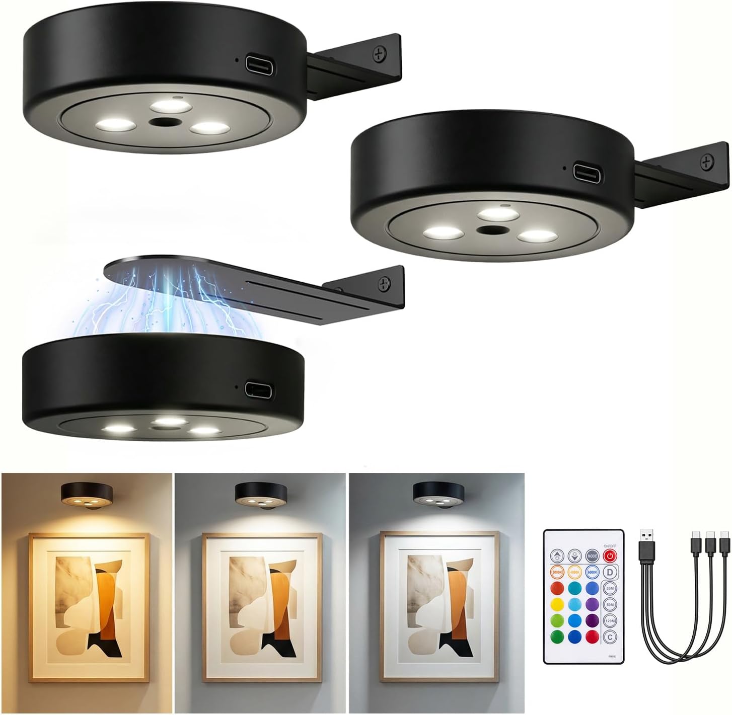 Picture Lights for Wall, 2000mAh Rechargeable Battery, RGB Color Art Lights