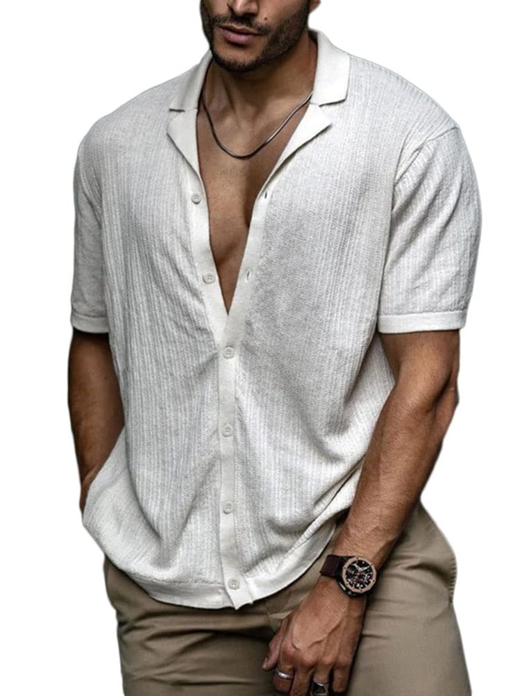 Onsoyours Chemise en Coton d'été pour Homme à col en V Cardigan Décontracté à Manches Courtes en Tricot Haut à Revers de Couleur Unie avec Boutons
