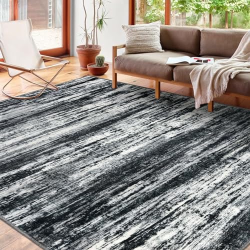 KOZYFLY Area Rugs 9x12 Living Room Modern Ombre Washable Rug Large Thin Rugs Non-Slip Soft Striped Rug for Bedroom, Black Navy Blue Grey Abstract Carpet for Laundry/Kid Room