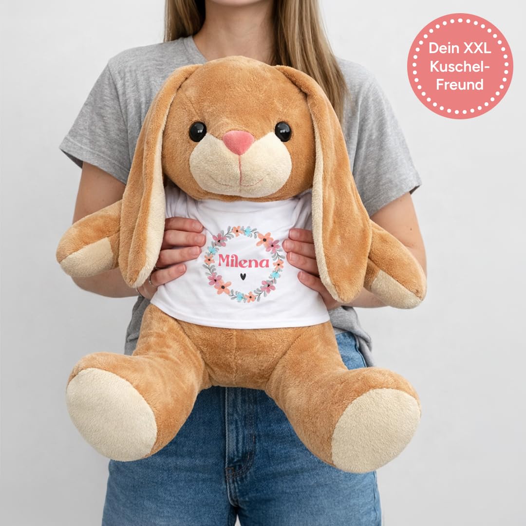 Kuscheltier XXL Hase personalisiert – Flauschiges Plüschtier mit weißem T-Shirt zum Bedrucken – Weicher Teddybär für Babys & Kinder – Geschenk zur Geburt & Geburtstag, extra groß, Sitzhöhe 40cm