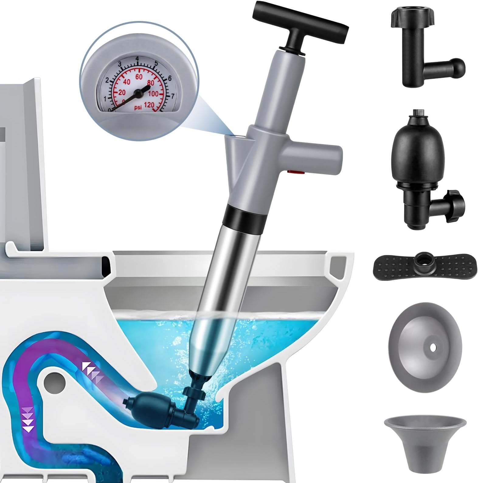 Toilet Plunger, High Pressure Air Drain Blaster Kit,8PCS Stainless