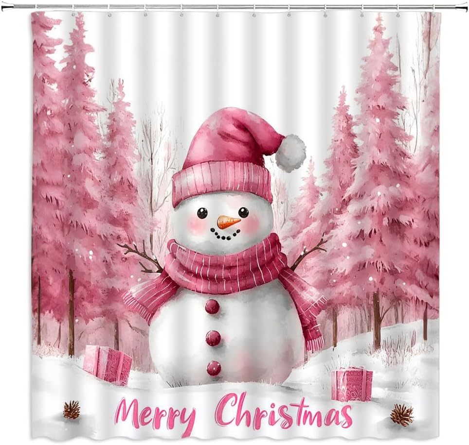 Pink Christmas Snowman Shower Curtain Winter Snowy Pine Tree Forest Snowflake Cute Snowman Xmas Holiday Polyester Curtains Bathroom Decor with Hooks 90" Wx70 H