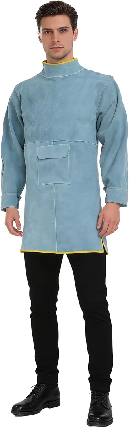 renvena Adult Unisex Mens Womens Cowhide ApronsWelding Bib Welding Apron Suit Coat Workwear Blue X-Large