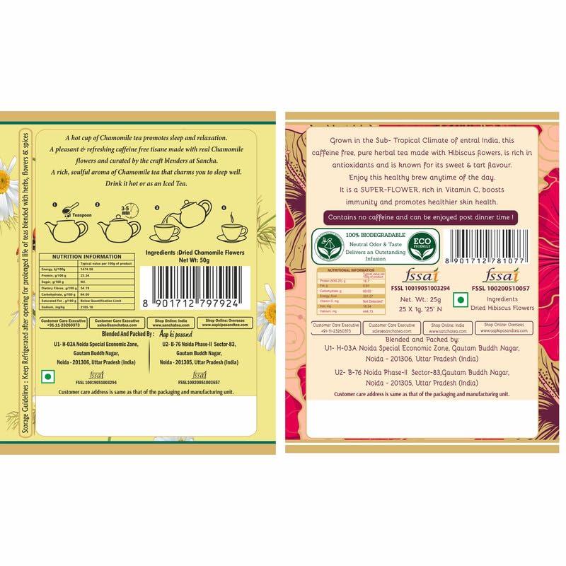 Image of Sancha Tea Boutique, Tea Combo Pack: Chamomile Herbal (50g) & Hibiscus Teas (25 Pyramid Bags), Calming & BP Control, Caffeine Tisanes