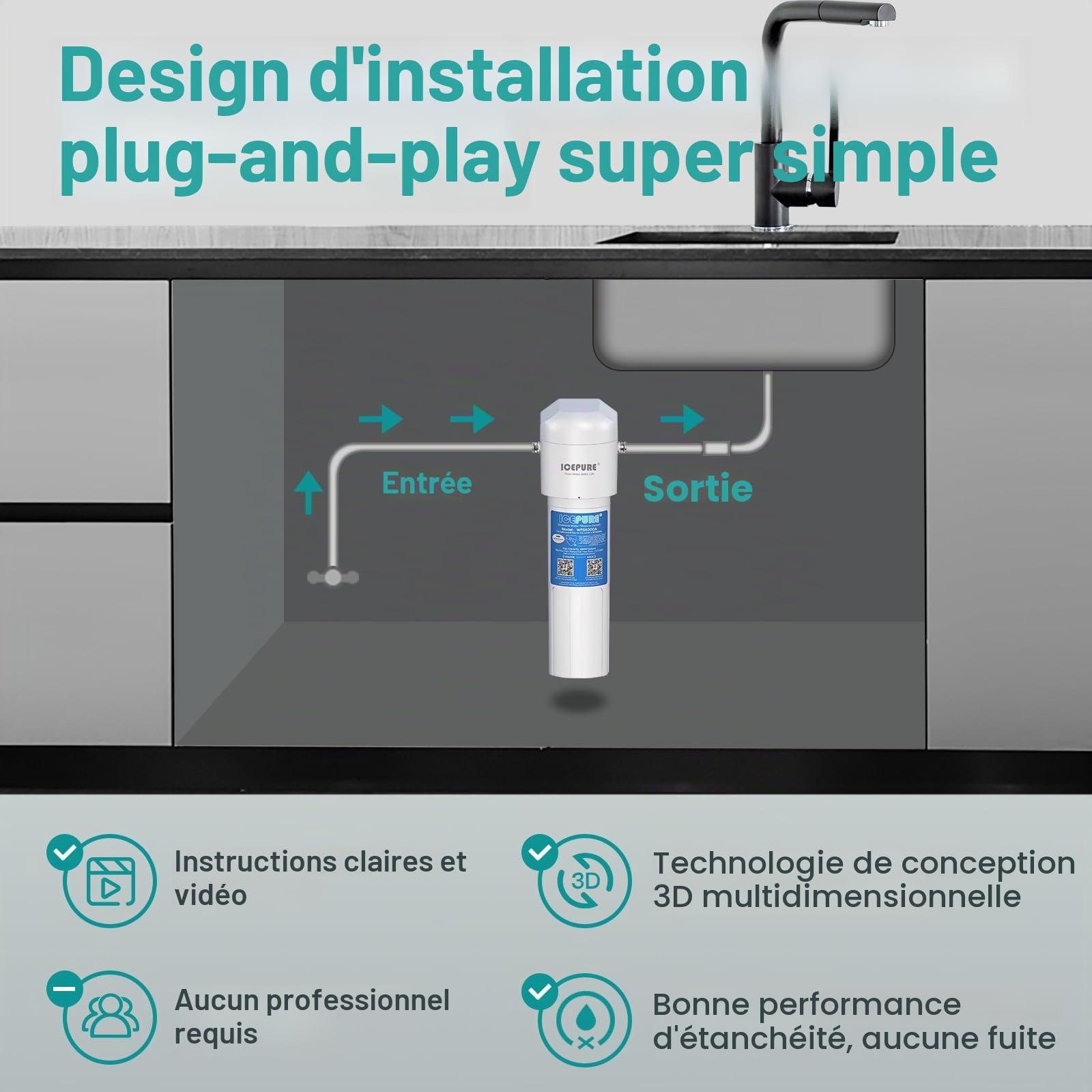 ICEPURE Système de traitement de l'eau sous évier - le raccordement direct élimine 99,99% du chlore, la grande capacité de réduction du chlore de 𝟮𝟮𝟬𝟬𝟬 gallons améliore le goût et l'odeur