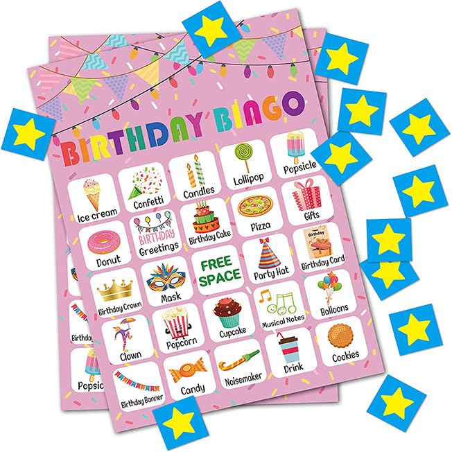 Dusenly Birthday Bingo Game for Girls 24 Players Funny Birthday Party Bingo Games Card for School Classroom Family Birthday Holiday Activities