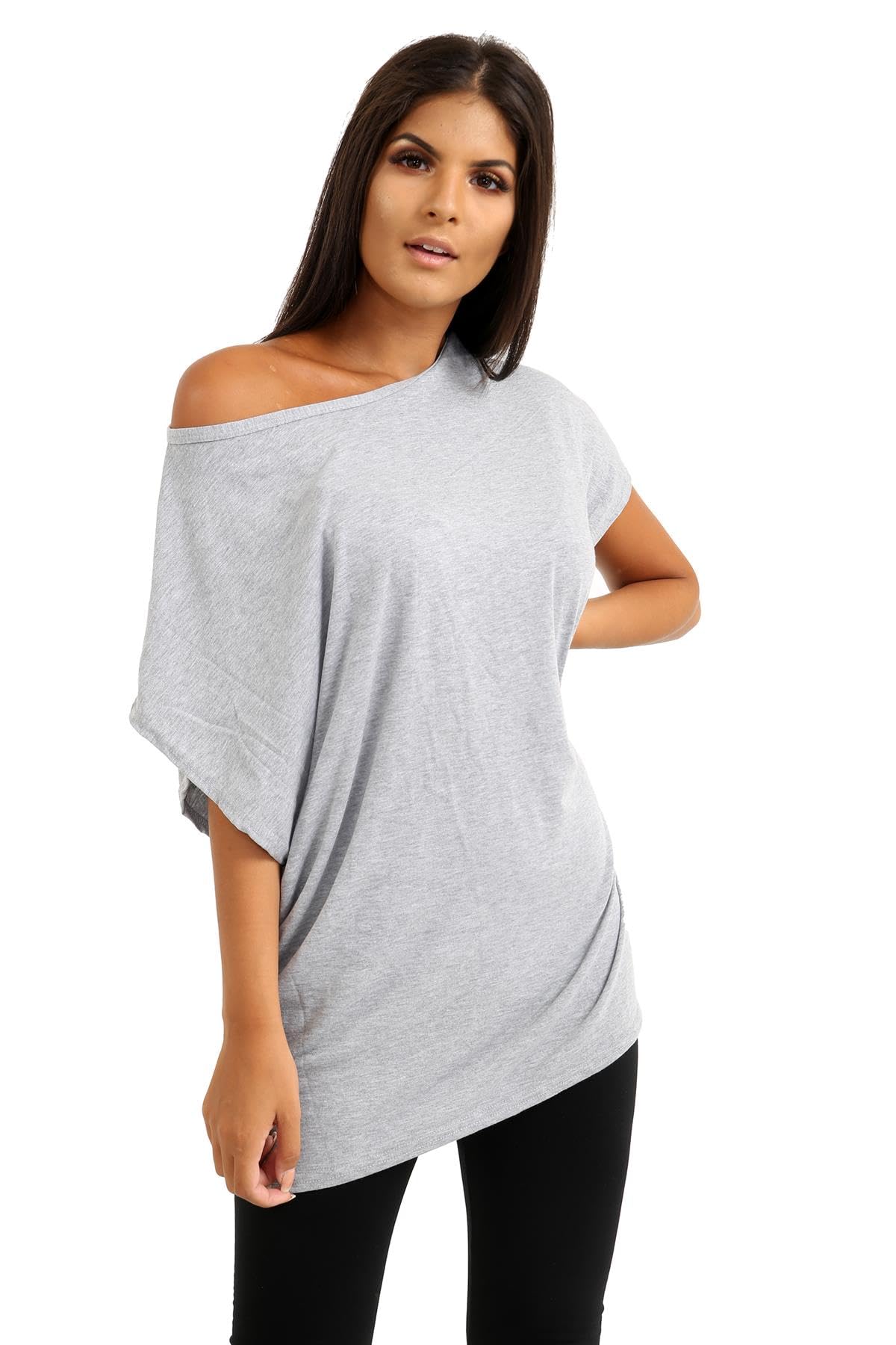 Hamishkane Women's Grey Hamishkane® Bardot Baggy Style Oversized T Shirt For - New Plain Off The Shoulder Batwing Top, Fashionable Tops For Casual Party Wear