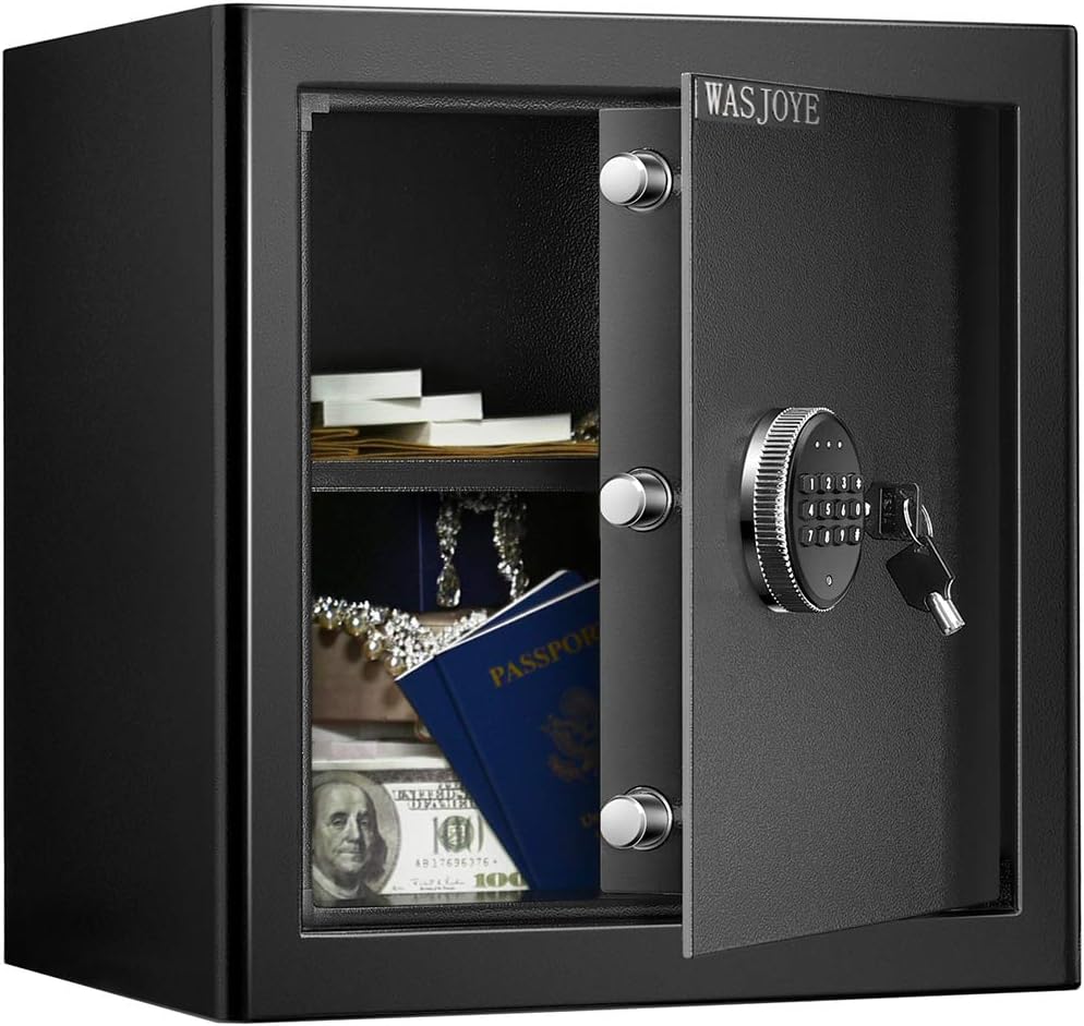WASJOYE Security Safe Cash Box with Double Digital Keypad Safety Key Lock for Home Business Office Hotel Money Document Jewelry Passport Cabinet (0.98 Cubic Feet) - - 