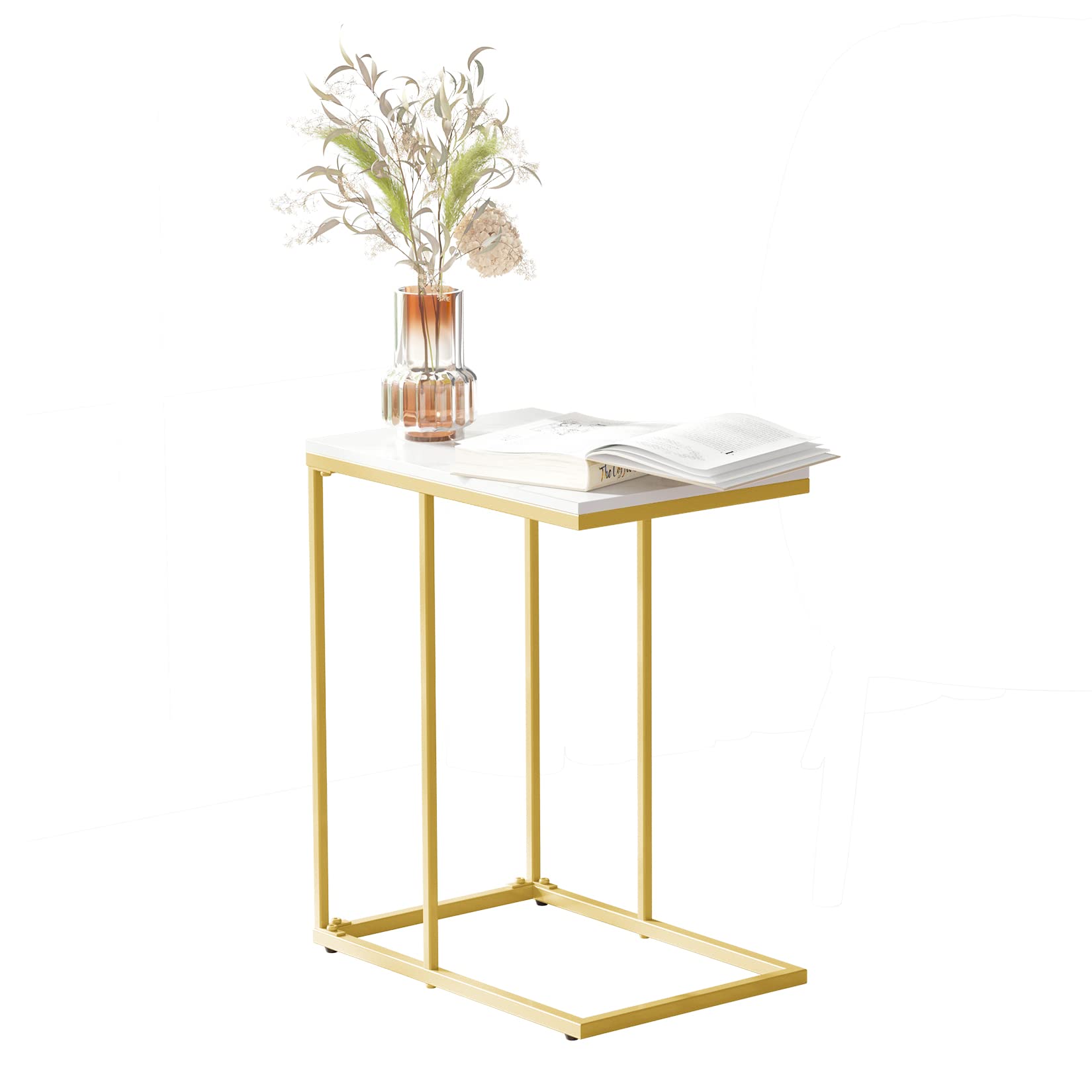 Sponsored Ad – Wisfor Marble Top Side Table C-Shape: C Shape Sofa End Tables White 45x30x54cm High Gloss Marbles Tabletop Bedside with Golden Metal Legs Laptop Snack Narrow Small Tables Home Office Living Room Couch