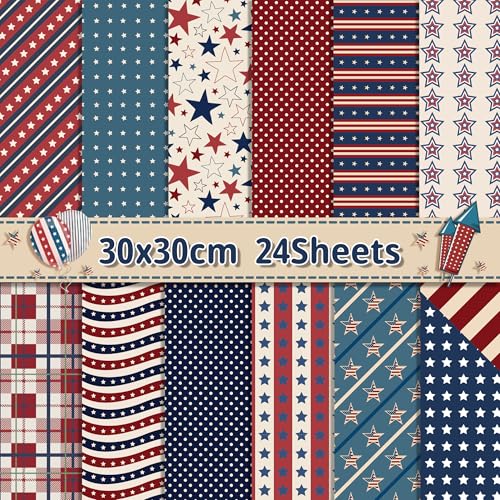 24 Sheets Patriotic Pattern Pad 11.8 x 11.8 Patriotic American Flag Scrapbook Paper 4th of July National Day Patterned Double-Sided Cardstock Paper Pack for Card Making Scrapbook Photo Album Decor