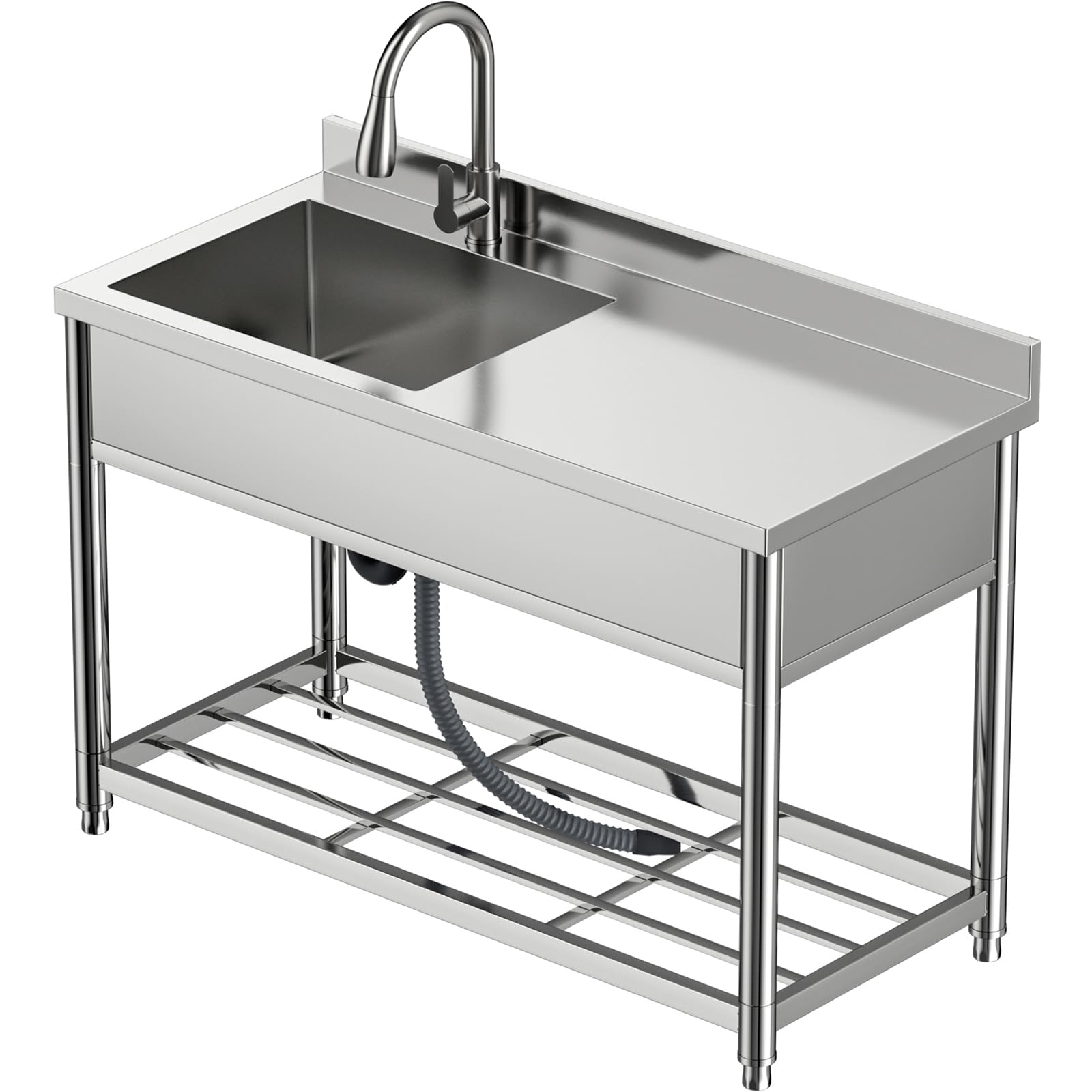 Freistehende Edelstahl Spültisch Gastro mit Werkbank, Gewerbliche Küchenspüle mit Ausziehbarem Wasserhahn, Outdoor Spüle für Küche Garage Waschküche Restaurant, 55T x 120B x 94H cm
