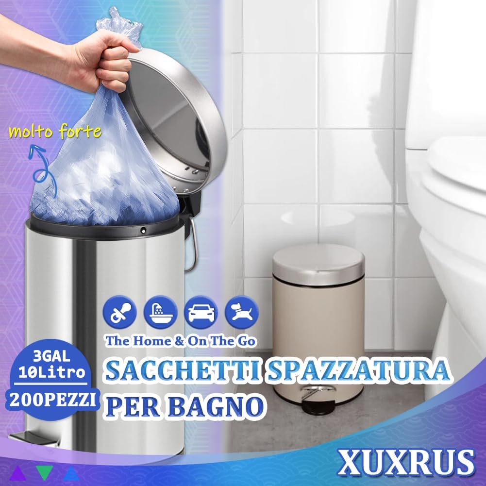 XUXRUS 200 Pezzi Sacchetti Spazzatura Piccoli, Sacchi Immondizia 10 Litri 45x50cm, Anti-Perdite, Senza Odore, Ultraresistenti per Cucina, Soggiorno, Ufficio (Colorato)
