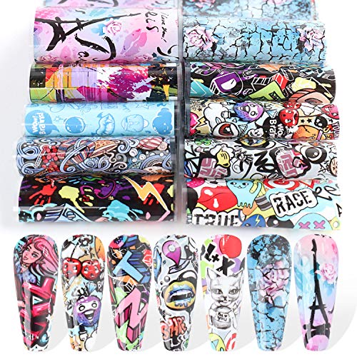 Graffiti Nail Art Foils Sticker 10 Sheets, Foil Transfer Cartoon Funny Nail Art Sticker Young Trendy Holographic Nail Decals Design for Women Girls Nail Decoration Nail Art Supplies