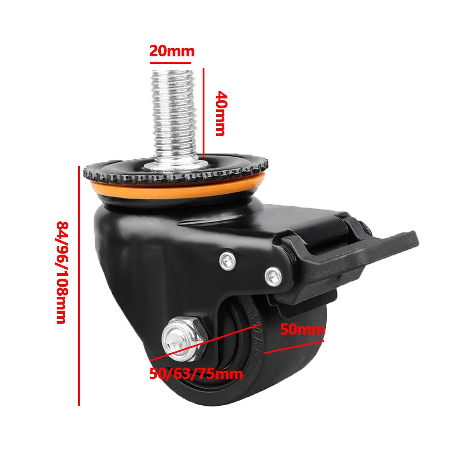 Ruote girevoli industriali da 2/2,5/3 Pollici con Cuscinetto, Stelo filettato M20*40, Set di 4 Ruote di Ricambio in Nylon per impieghi gravosi, con Freno, capacità di carico Massima 1800 kg