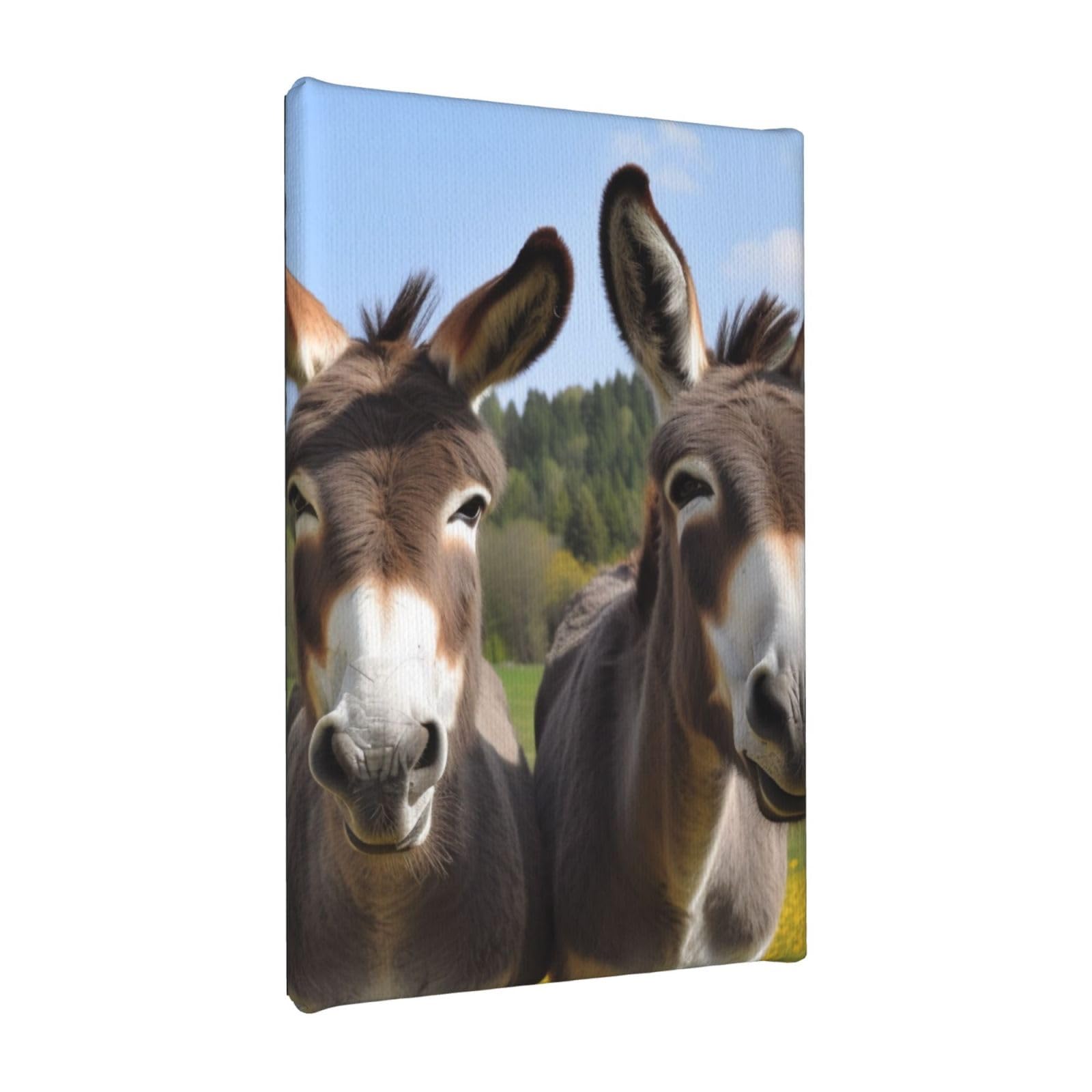 YKLJG Cute Donkeys Printed Wall Art Canvas Painting 20x30 CM Wooden Framed Picture Painting Artwork Prints for Bedroom Kitchen Home Office Decor