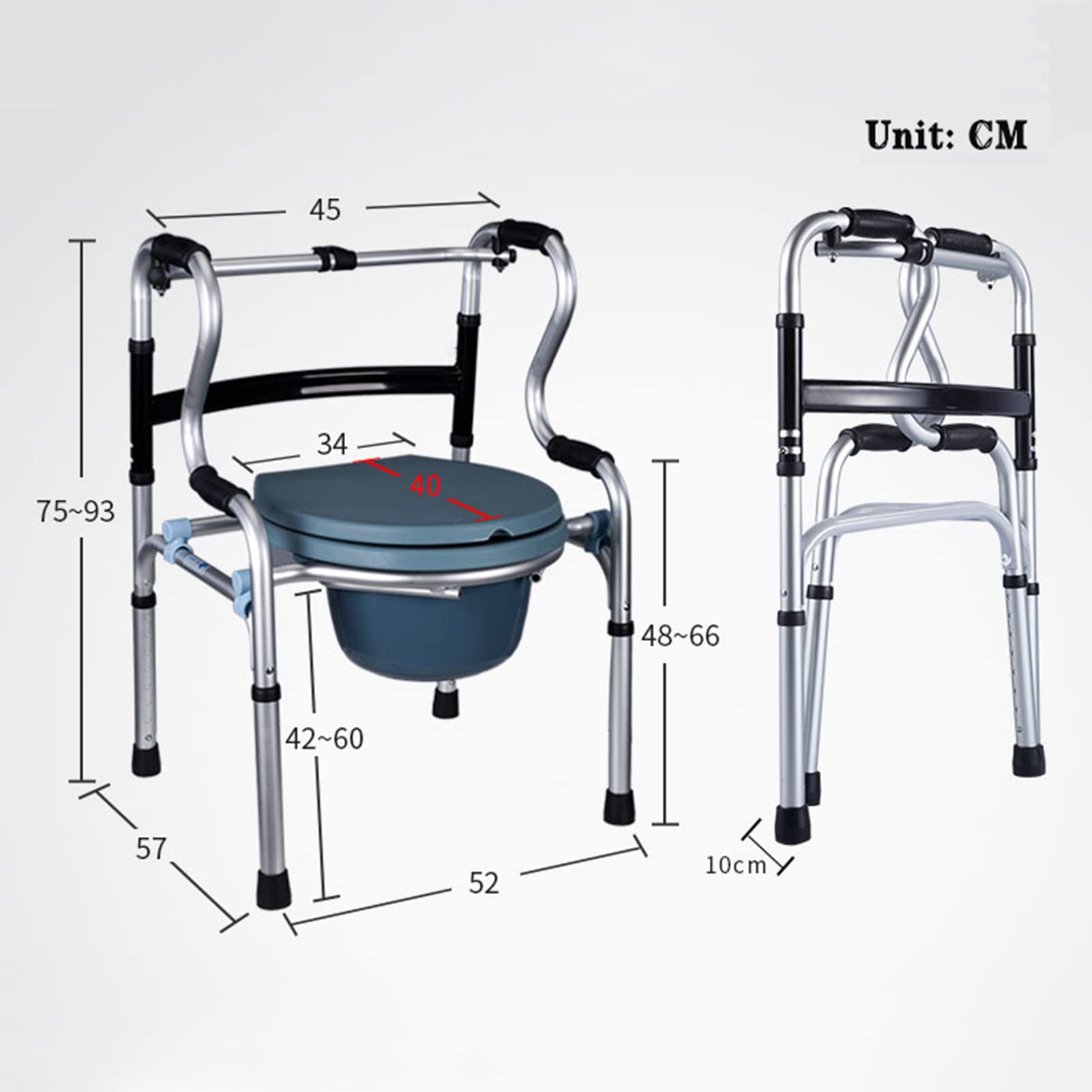 Andador para Ancianos con 2 Ruedas e Inodoro Andador Plegable Aleación de Aluminio Liviano Altura Ajustable Se Puede Usar en Interiores y Exteriores