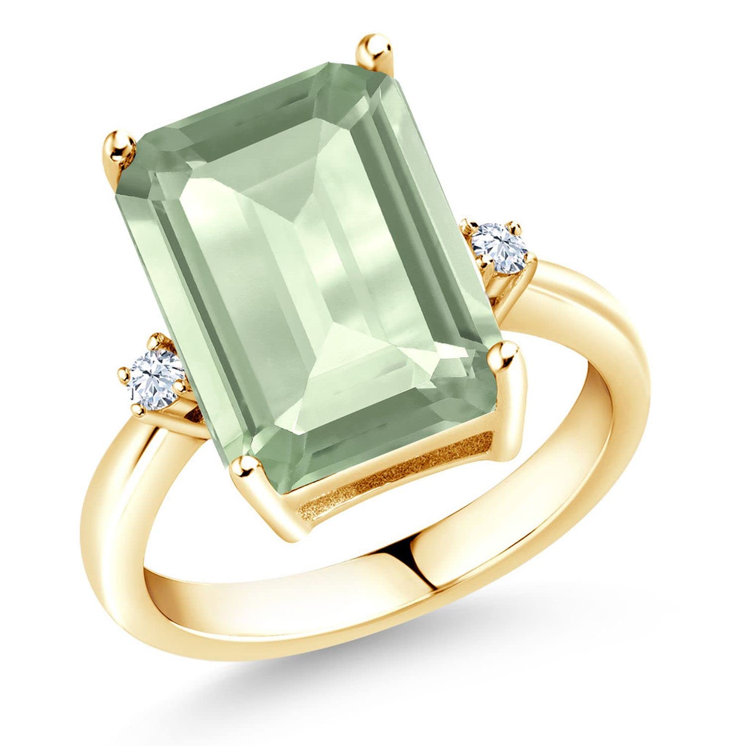 Gem Stone King 18K Yellow Gold Plated Silver Green Prasiolite Ring For Women (6.66 Cttw, Emerald Cut 14x10MM, Gemstone Birthstone)