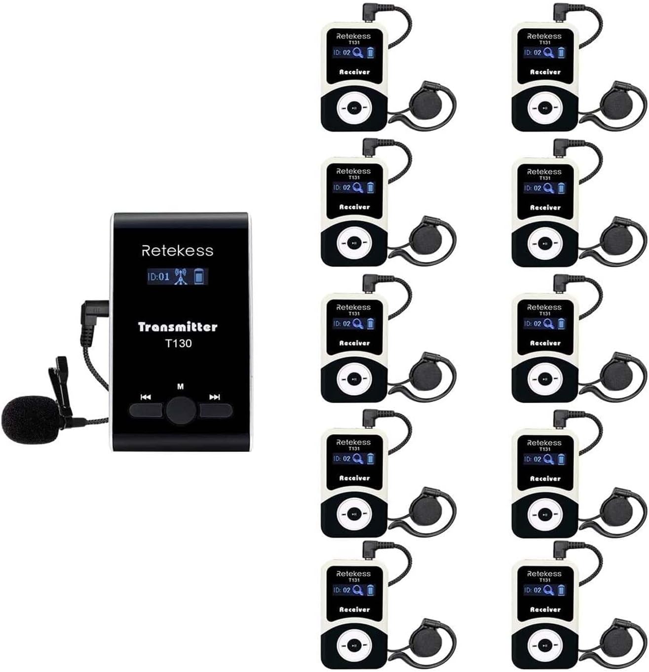 T130 99 Channel Wireless Tour Guide System Microphone Church Translation System for Interpretation Training Court(1 Transmitter 10 Receivers)
