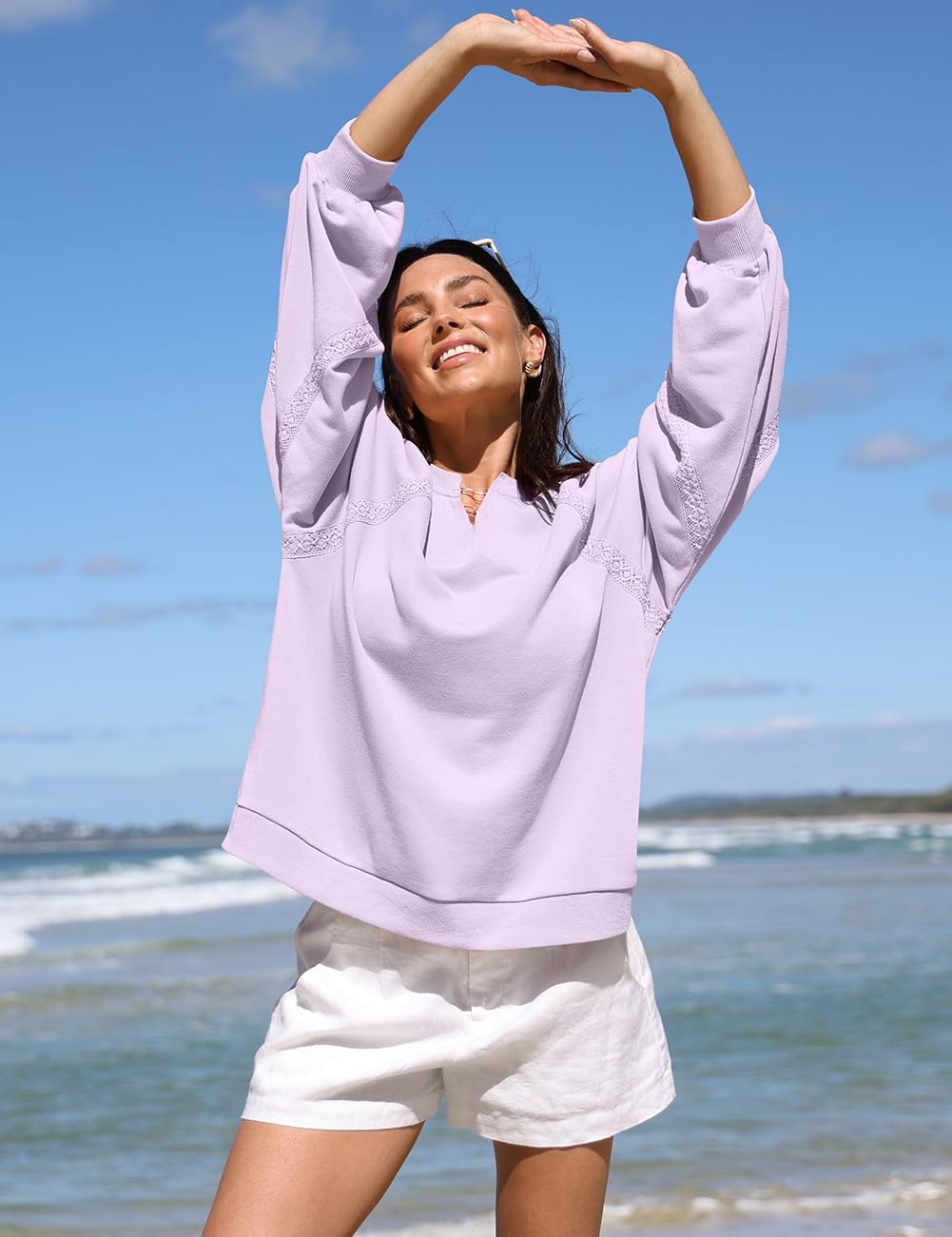 UEU Womens V Neck Crochet Sweatshirt Long Sleeve Oversized Pullover Loose Fit Casual Knit Tops Lightweight Sweater Shirt - Image 5