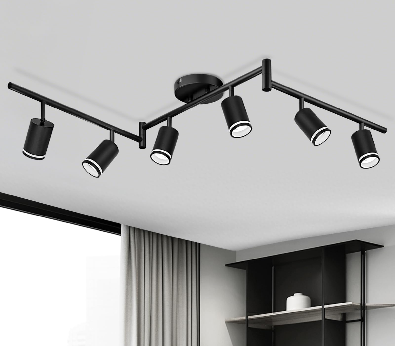 GeyouLux Reflektor sufitowy LED, 6 żarówek, lampa sufitowa LED, wychylna, czarna | GU10 lampa sufitowa punktowa, nowoczesna lampa punktowa, reflektor ścienny do salonu, sypialni, kuchni (bez żarówki)