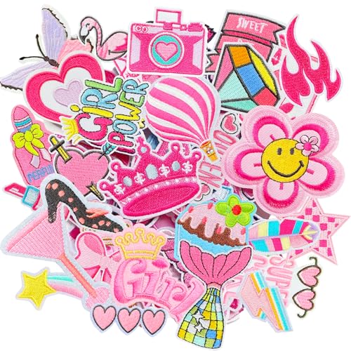 CHAJAONE 36Pcs Pink Iron on Patches Cute Embroidered Applique Patches for Girls Decor - Assorted DIY Accessories Cute Iron on/Sew on Patches for Clothes Backpacks Hats Shoes (36PCS Pink Patches)