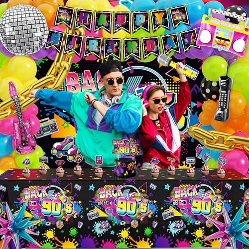 Image of Fayoo 90s Party Decorations 80s Disco Theme Birthday Party Supplies Kit | Includes Back to the 90's Backdrop, Tablecloth, Happy Birthday Banner, 90s Balloon Arch Kit, Cake Toppers