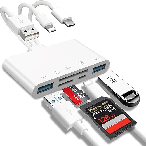 Lector de tarjetas 5 en 1, lector de tarjetas de memoria, tarjeta SD, adaptador OTG para i-Phonei-Pad, USB C y 2 dispositivos USB A con ranuras para