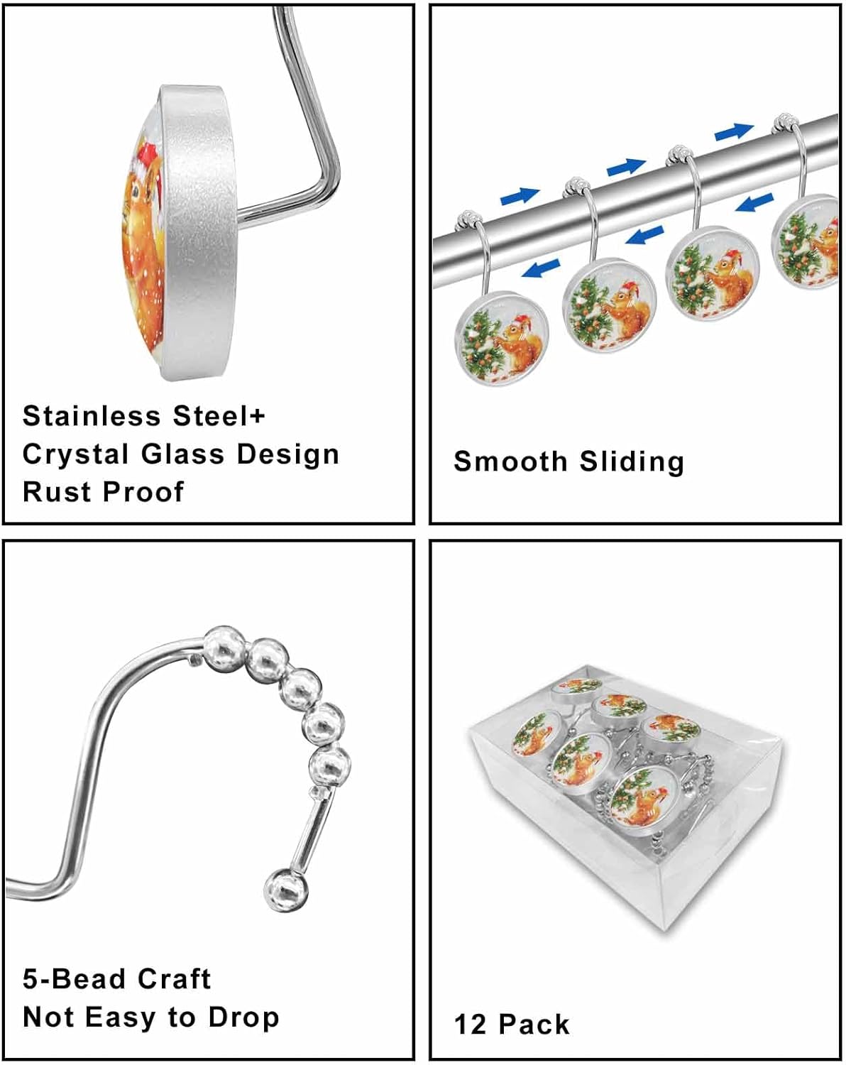 Christmas Shower Curtain Hooks Set of 12 Xmas Tree Squirrel Snowflake Crystal Glass Shower Curtain Rings for Bathroom Decorative Stainless Steel Rust Proof Roller Shower Curtain Hangers
